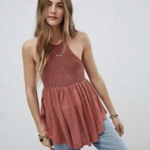 Free People Road Trip Knit Crochet Strappy Halter Hippie Tank Top Soft Burgundy